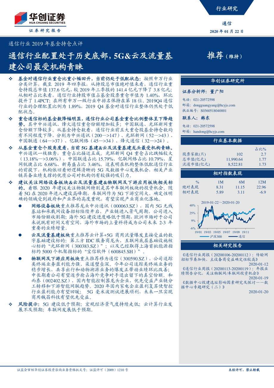 通信行业2019年基金持仓点评：通信行业配置处于历史底部5G&云及流量基建公司最受机构青睐-20200122-华创证券-12页.pdf_第1页