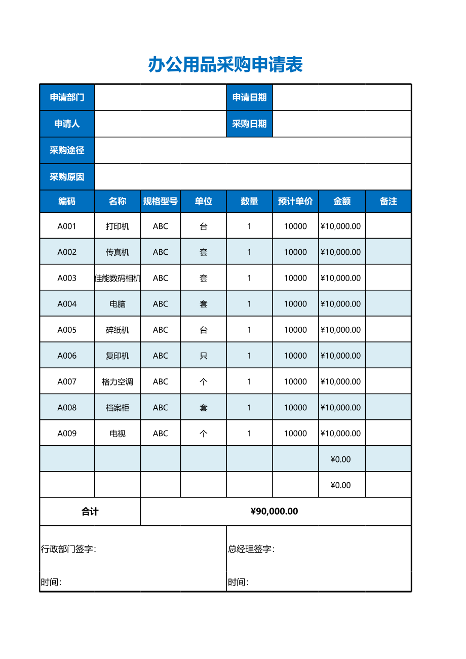 129 办公用品采购申请表Excel模板.xlsx_第1页