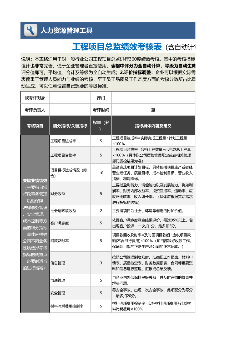 08-1-工程项目总监绩效考核表（含自动计算、等级评价） (2).xlsx_第1页