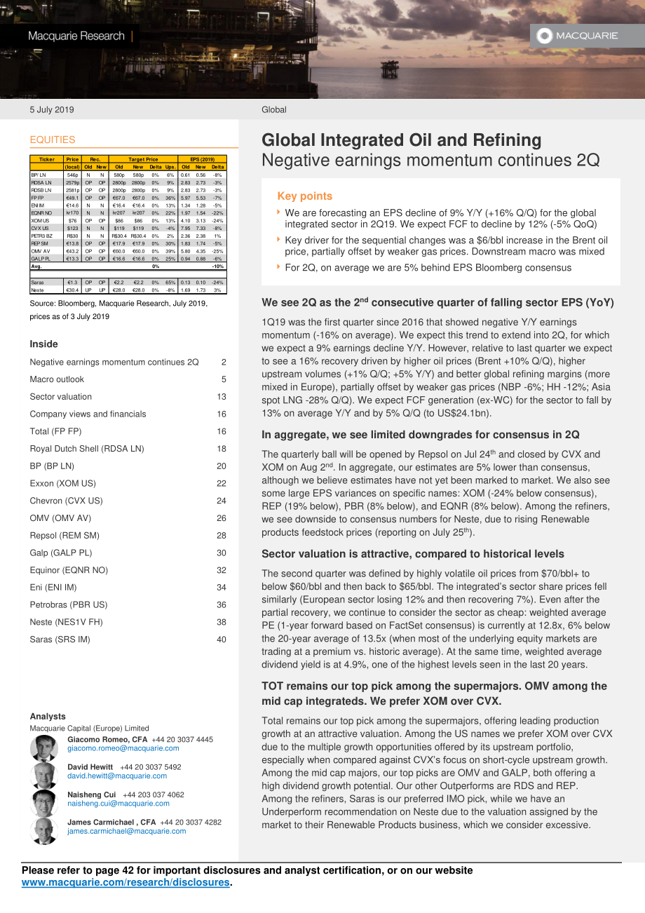 麦格理-全球-石油与天然气行业-全球整装石油与炼油：第二季度盈利继续呈现负增长势头-2019.7.5-44页 (2).pdf_第1页