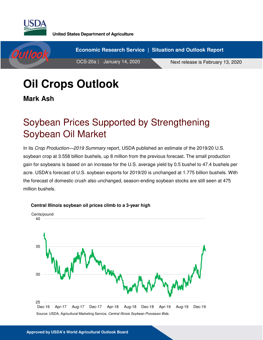 美国农业部-美股-农业行业-油料作物展望：豆油市场走强支撑大豆价格- 20200113-9页.pdf_第1页