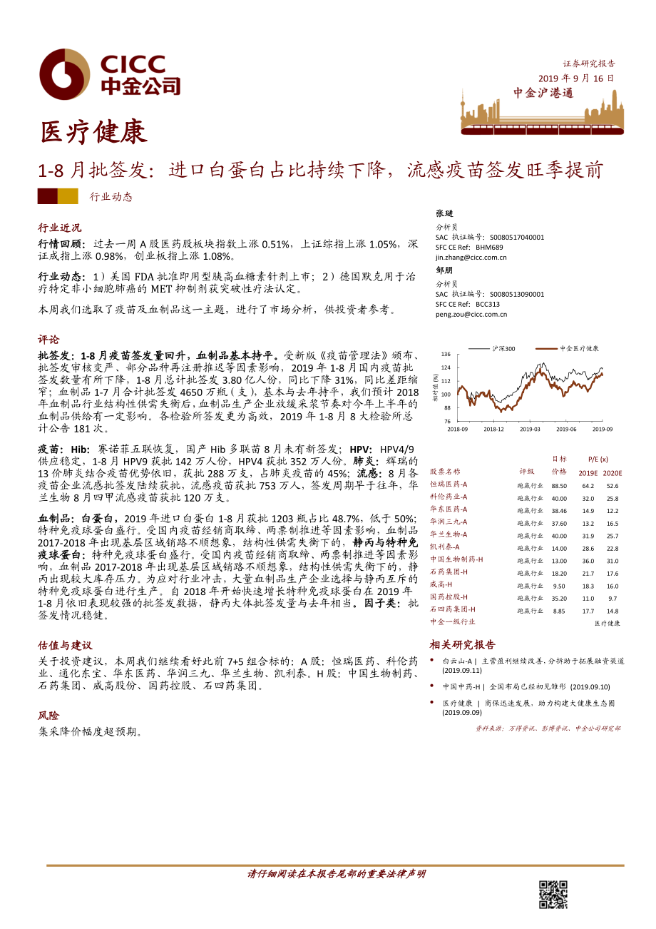 医疗健康行业1~8月批签发：进口白蛋白占比持续下降流感疫苗签发旺季提前-20190916-中金公司-15页.pdf_第1页