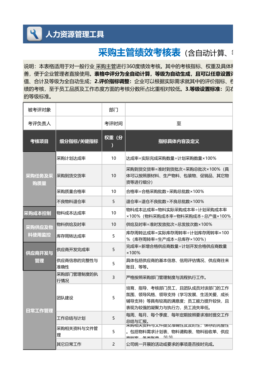 03-2-采购主管绩效考核表（含自动计算、等级评价） (2).xlsx_第1页