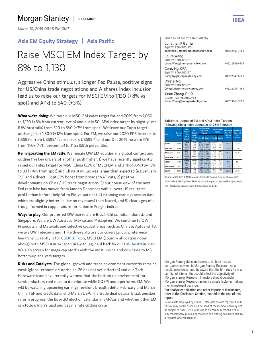 摩根士丹利-亚太地区-股票策略-上调MSCI新兴市场指数目标值8%到1130-2019.3.10-29页.pdf_第1页