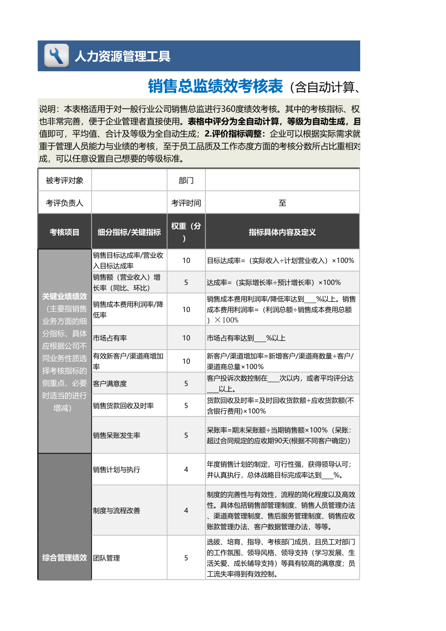 05-2-销售总监绩效考核表（自动计算、等级评价） (2).xlsx_第1页