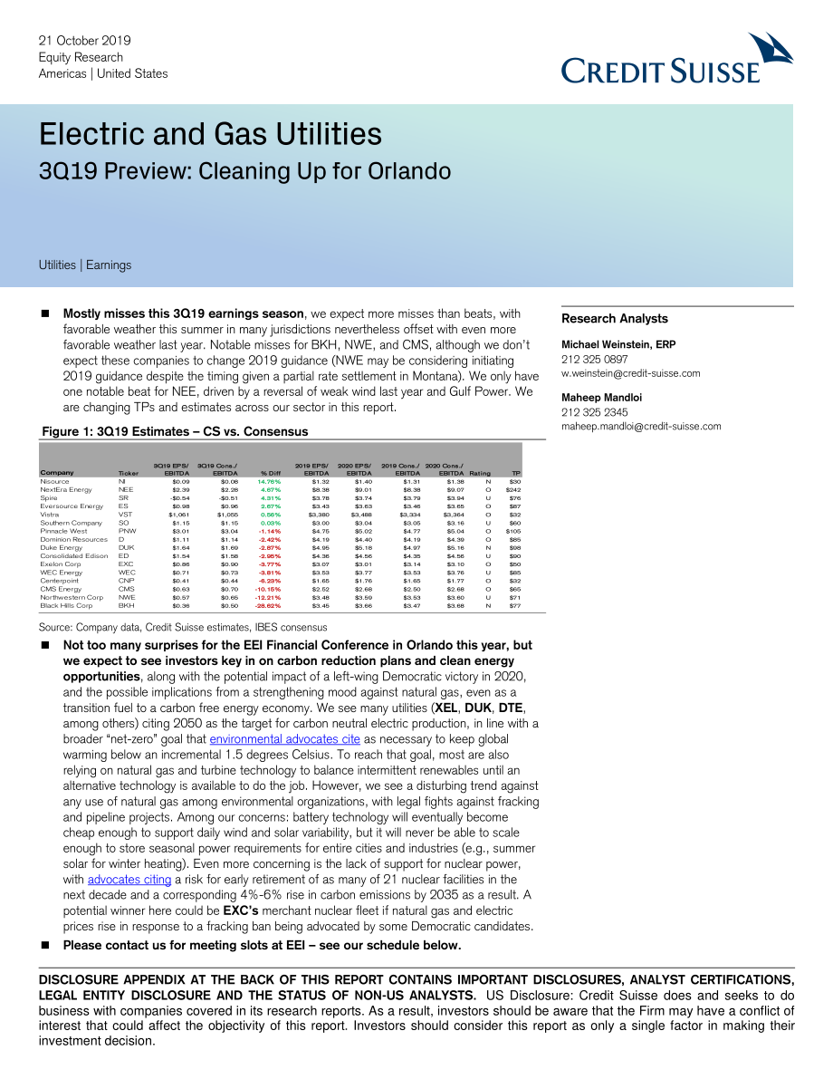 瑞信-美股-公用事业行业-2019年Q3美国电力与燃气公用事业行业预览-2019.10.21-108页.pdf_第1页