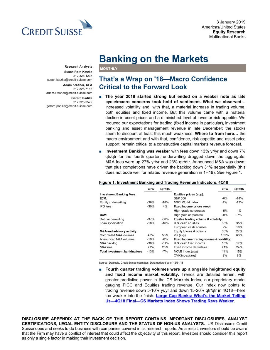 瑞信-美股-银行业-市场银行业务2018年总结：对未来前景至关重要的宏观信心-2019.1.3-27页.pdf_第1页
