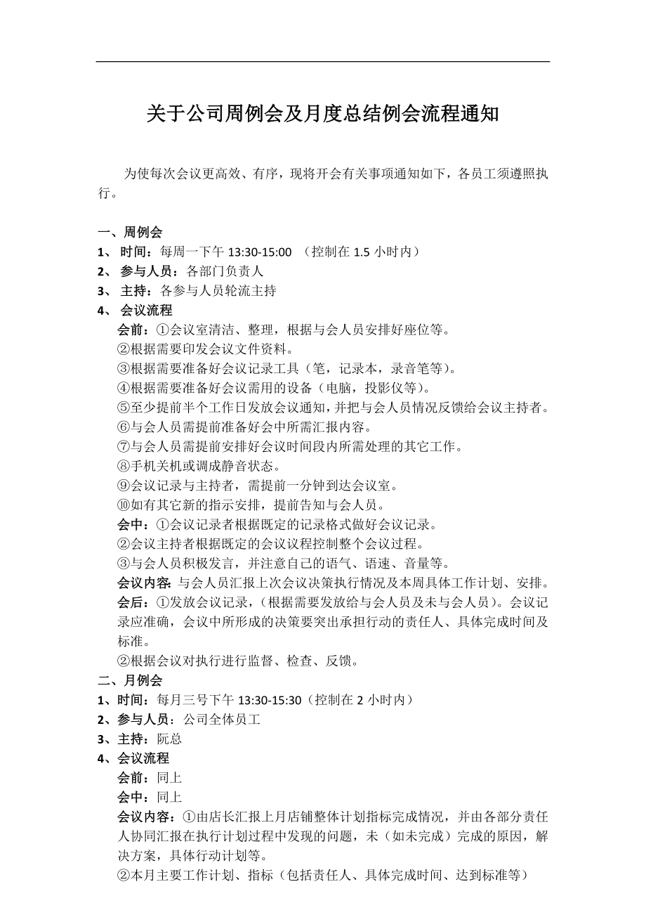 关于公司周例会、月度总结例会流程通知.docx_第1页