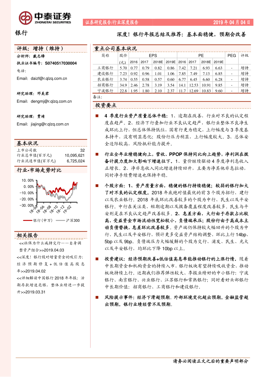 银行业深度！银行年报总结及推荐：基本面稳健预期会改善-20190404-中泰证券-20页.pdf_第1页