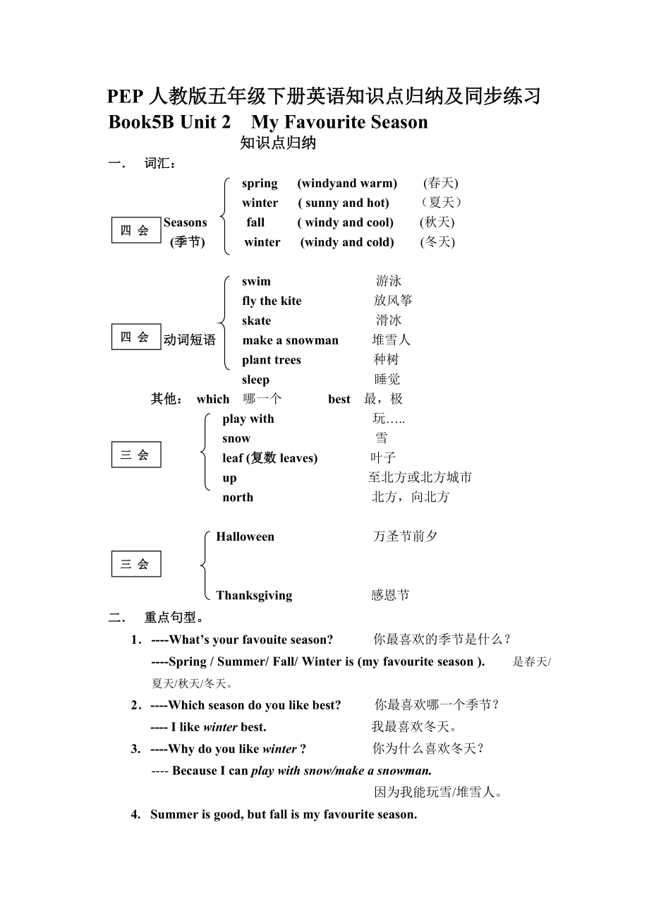 人教PEP版五年级下册英语Unit2知识点归纳及同步练习.docx_第1页