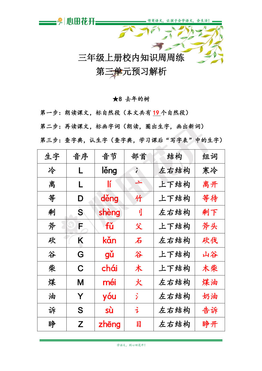 【语文基本功训练营】—三年级上册校内知识周周练第3单元预习解析（部编版）.pdf_第1页