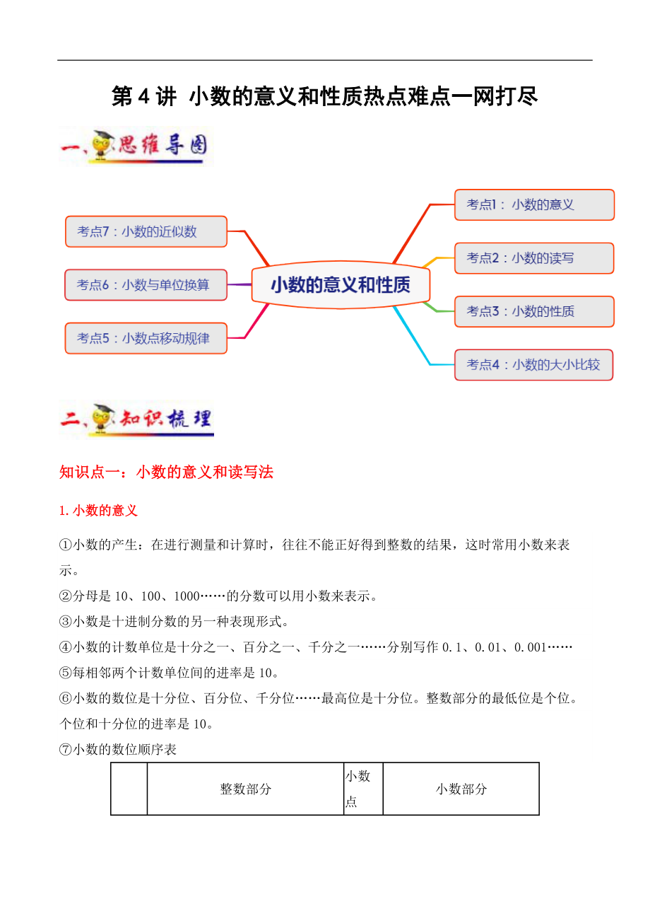 第4讲 小数的意义和性质(学生版）（知识梳理+典例分析+举一反三+阶梯训练）人教新课标版.docx_第1页