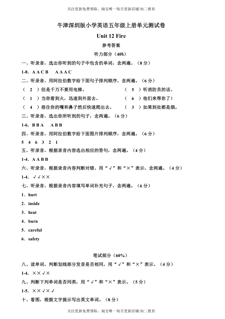 （参考答案）牛津深圳版五年级上册 Unit 12 Fire 单元测试卷.doc_第1页