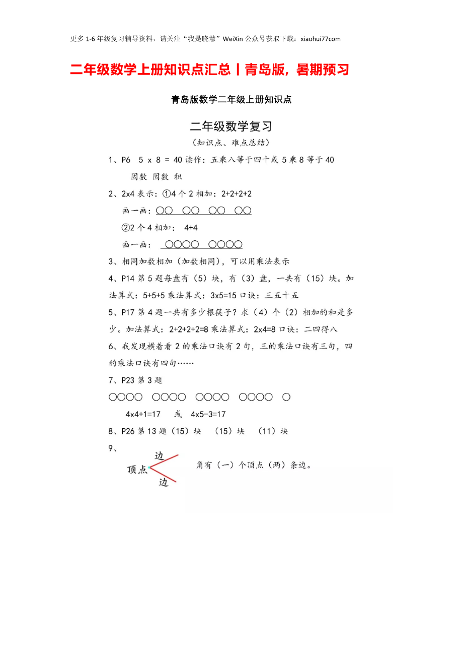 小学二年级上册上学期-青岛版数学重点知识点.docx_第1页