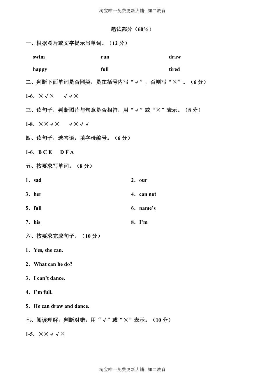 （参考答案）牛津深圳版四年级上册 Module 1 Getting to know you 模块测试卷.doc_第2页