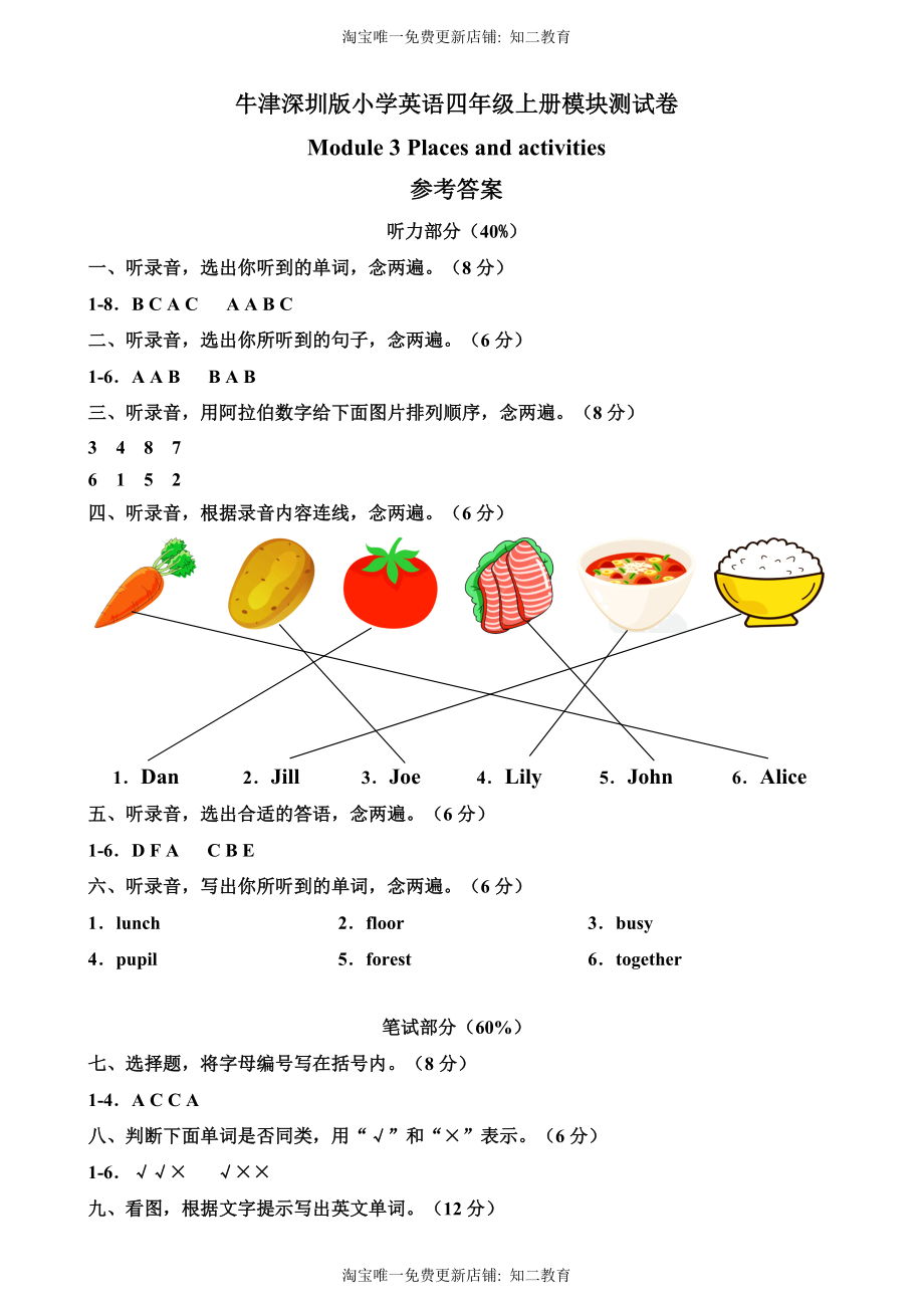 （参考答案）牛津深圳版四年级上册 Module 3 Places and activities 模块测试卷.doc_第1页