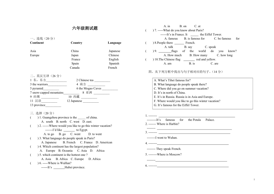 （人教新起点）六年级英语上册 上册测试题.doc_第1页