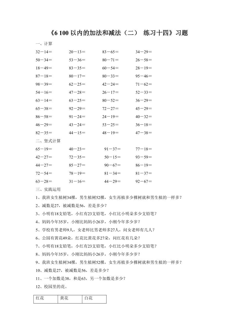 《6 100以内的加法和减法（二）练习十四》习题.doc_第1页