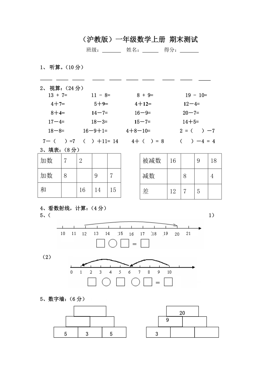 （沪教版）一年级数学上册 期末测试.doc_第1页