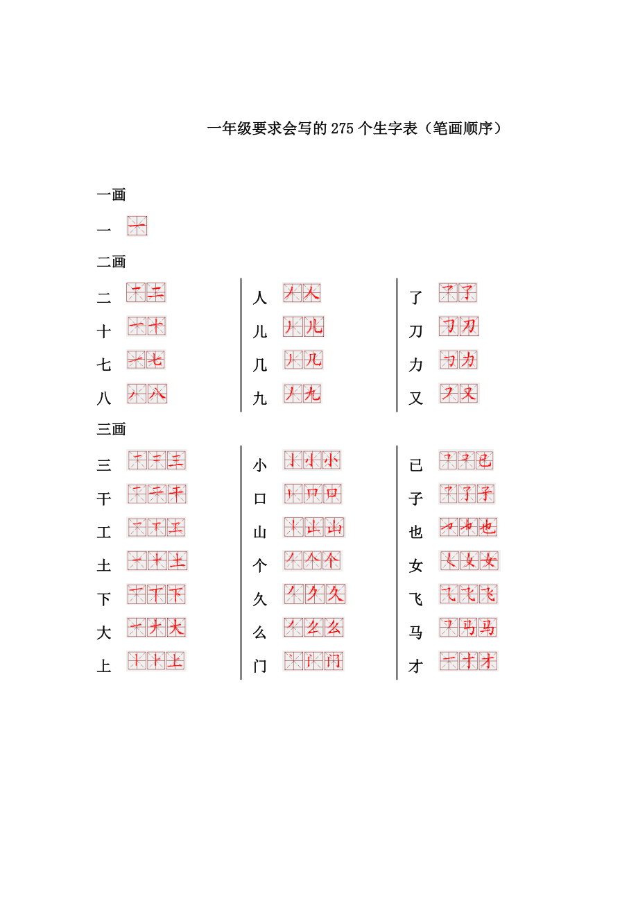 一年级上册语文-要求会写的275个生字表(笔画顺序).doc_第1页