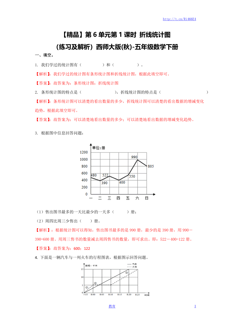 【精品】第6单元第1课时 折线统计图（练习及解析）西师大版-五年级数学下册（喜子的商铺）.doc_第1页