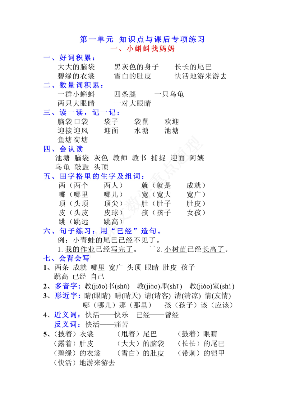 二年级语文上册第一单元每课知识重点与专项练习及单元测试1.pdf_第1页