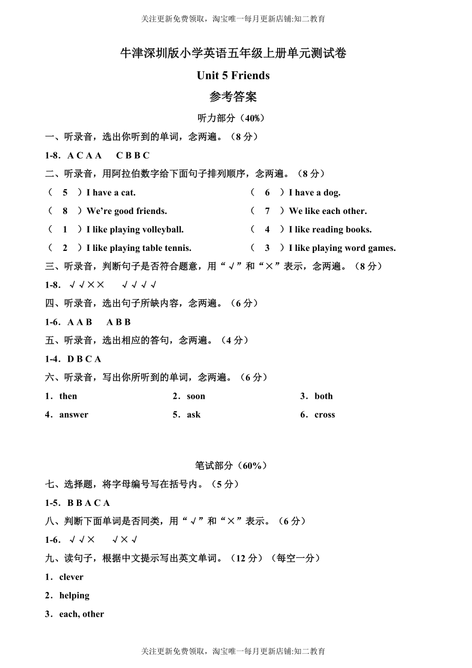 （参考答案）牛津深圳版五年级上册 Unit 5 Friends 单元测试卷.doc_第1页