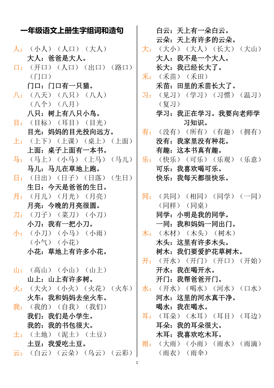 一年级语文上册生字组词和造句(1).doc_第1页