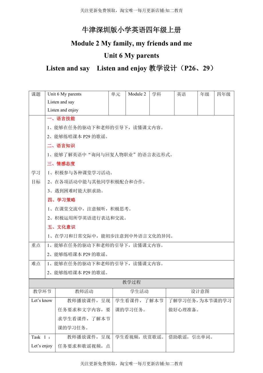 Unit 6 My parents Listen and say Listen and enjoy 教案.docx_第1页