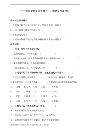 人教统编版小升初语文总复习专题十一·修辞手法及其作用同步练习（含答案）.doc