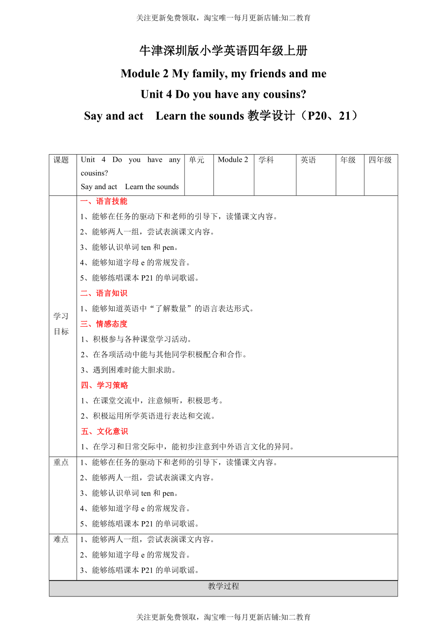 Unit 4 Do you have any cousins Say and act Learn the sounds 教案.docx_第1页