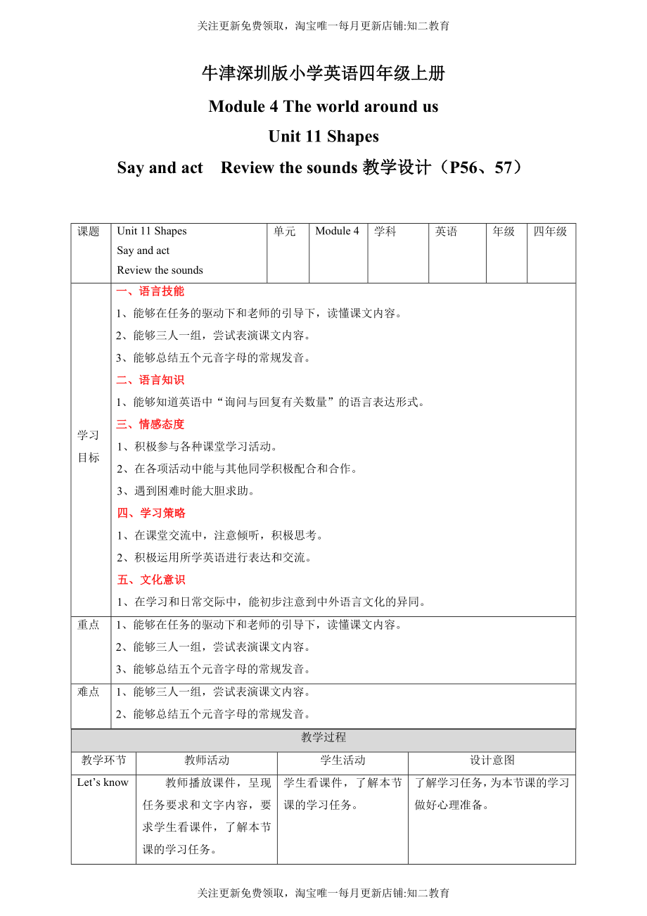 Unit 11 Shapes Say and act Review the sounds 教案.docx_第1页