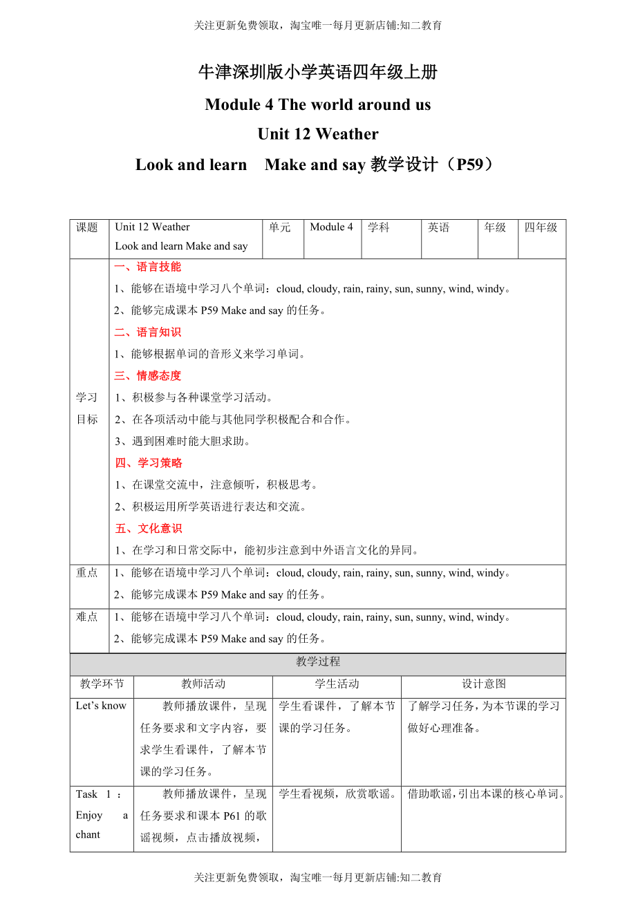 Unit 12 Weather Look and learn Make and say 教案.docx_第1页