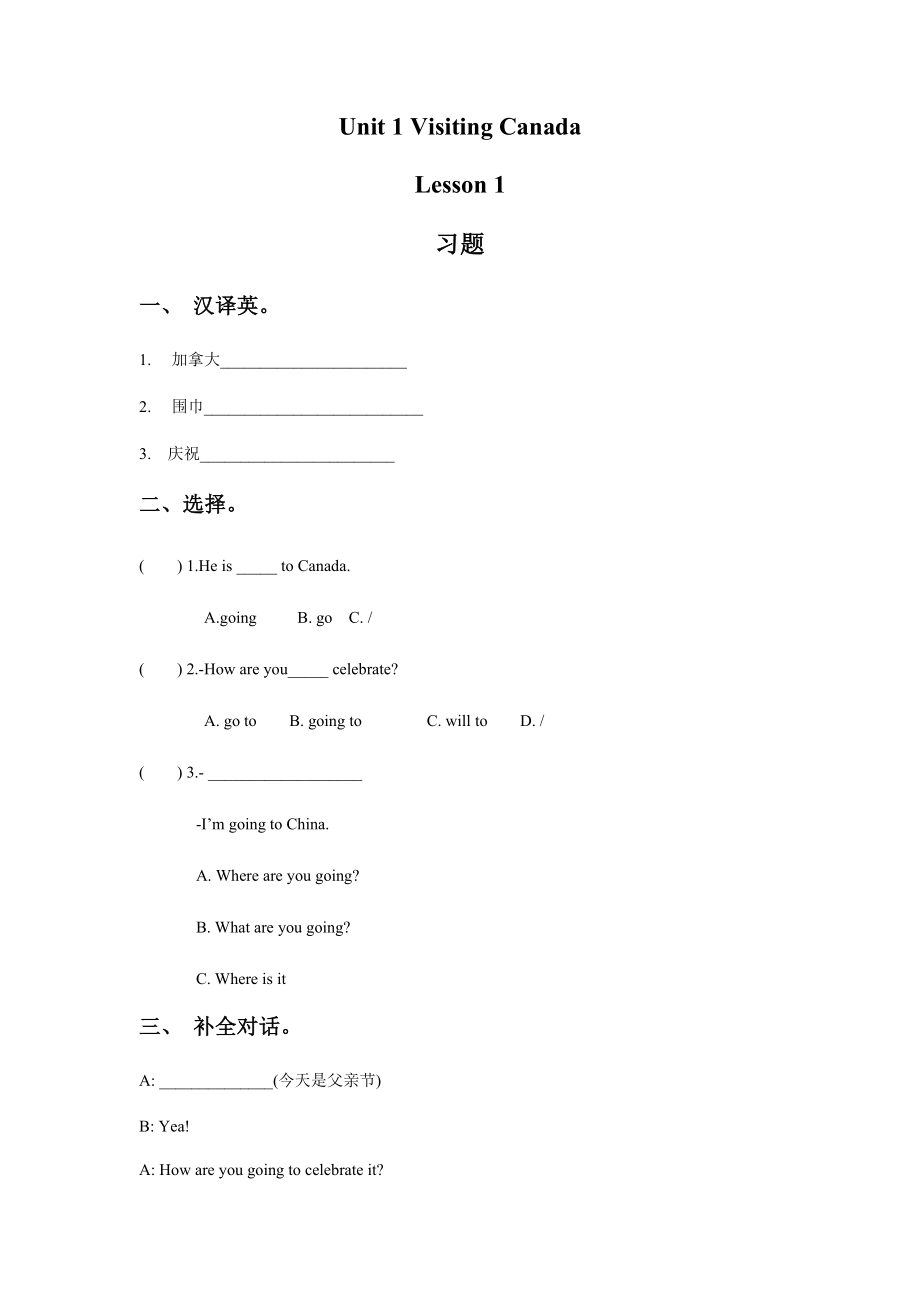 Unit 1 Visiting Canada Lesson 1 习题.doc_第1页