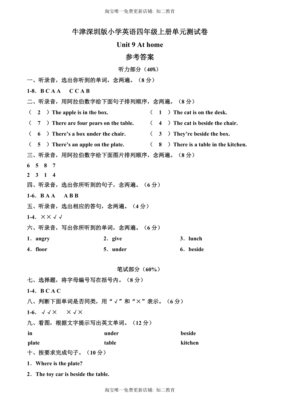 （参考答案）牛津深圳版四年级上册 Unit 9 At home 单元测试卷.doc_第1页