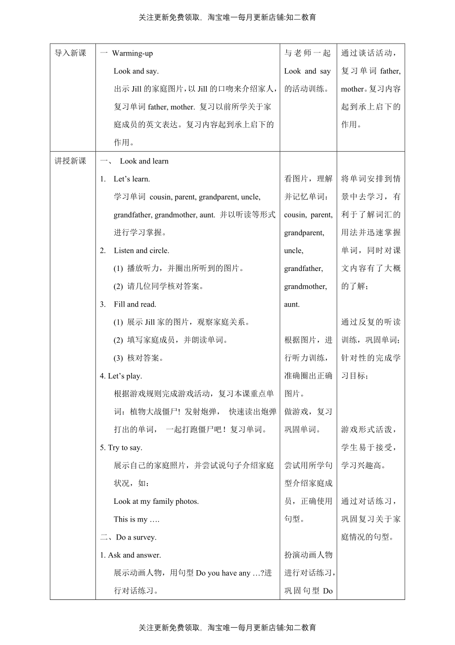 【新课标】Unit 4 Do you have any cousins？ Look and learn Do a survey教案.doc_第2页