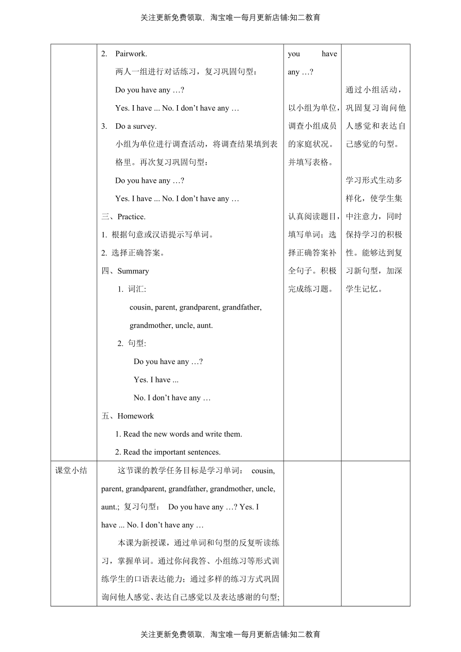 【新课标】Unit 4 Do you have any cousins？ Look and learn Do a survey教案.doc_第3页