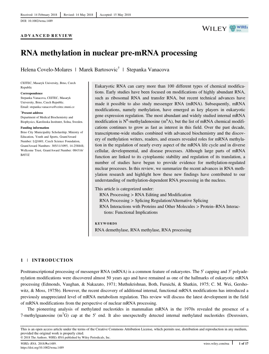 RNA methylation in nuclear pre-mRNA processing.pdf_第1页