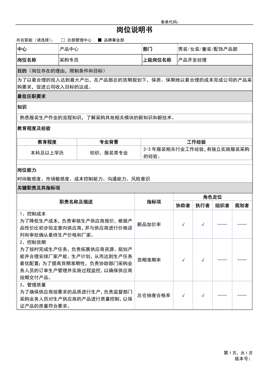 8、岗位说明书-产品部-采购员工级.doc_第1页