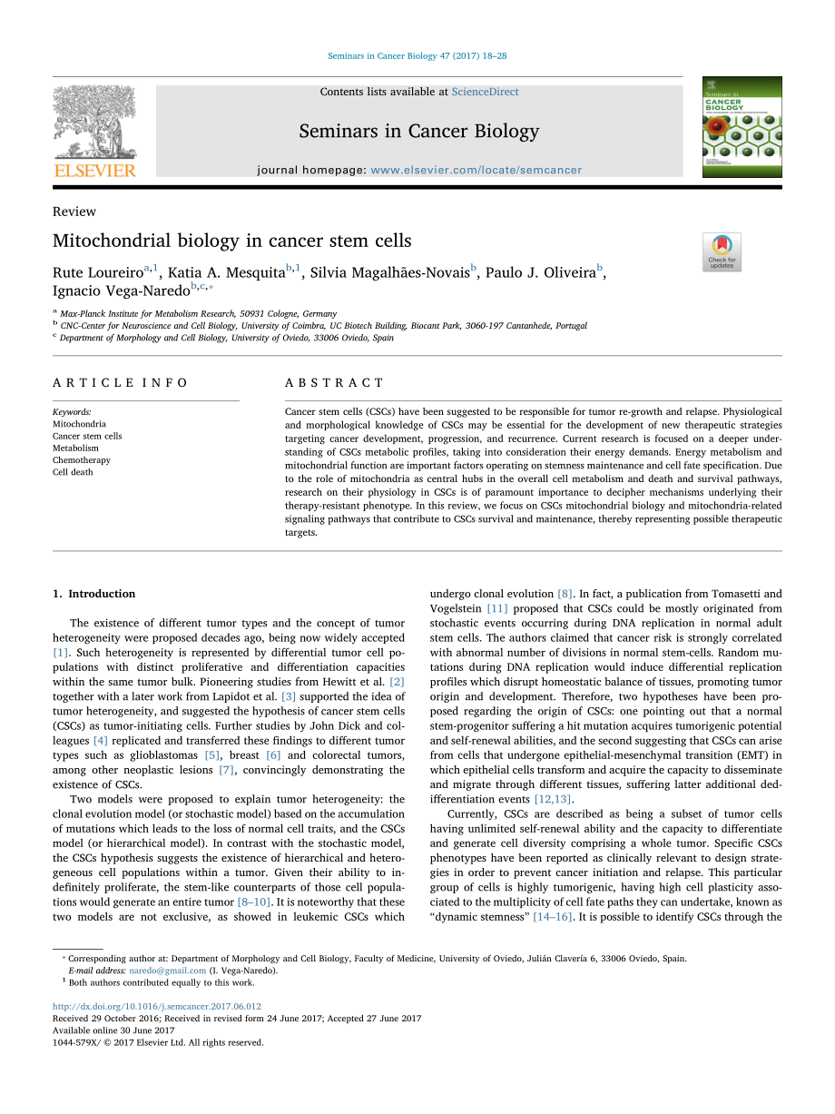 Loureiro-2017-Mitochondrial biology in cancer.pdf_第1页