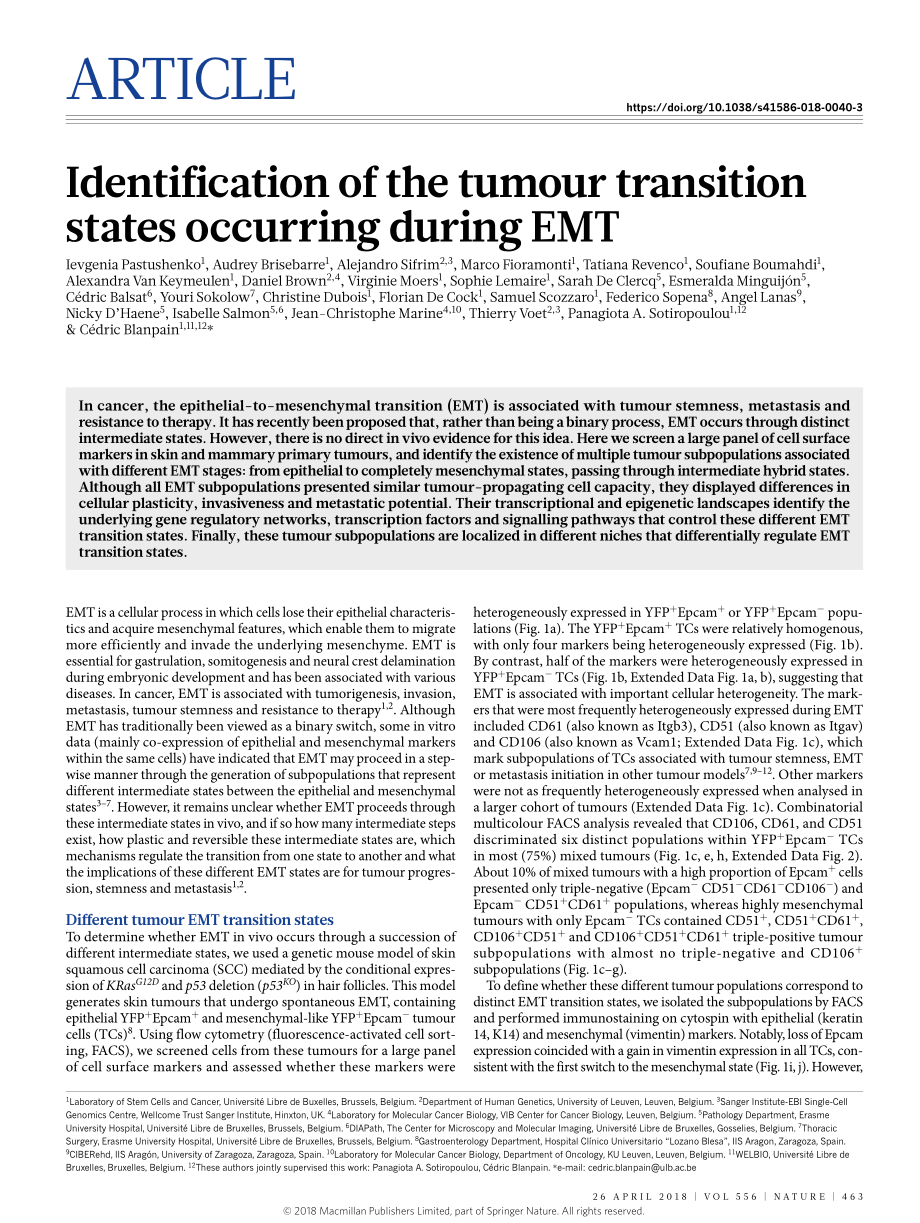 Nature. 2018 EMT过程中肿瘤转移状态的识别.pdf_第1页