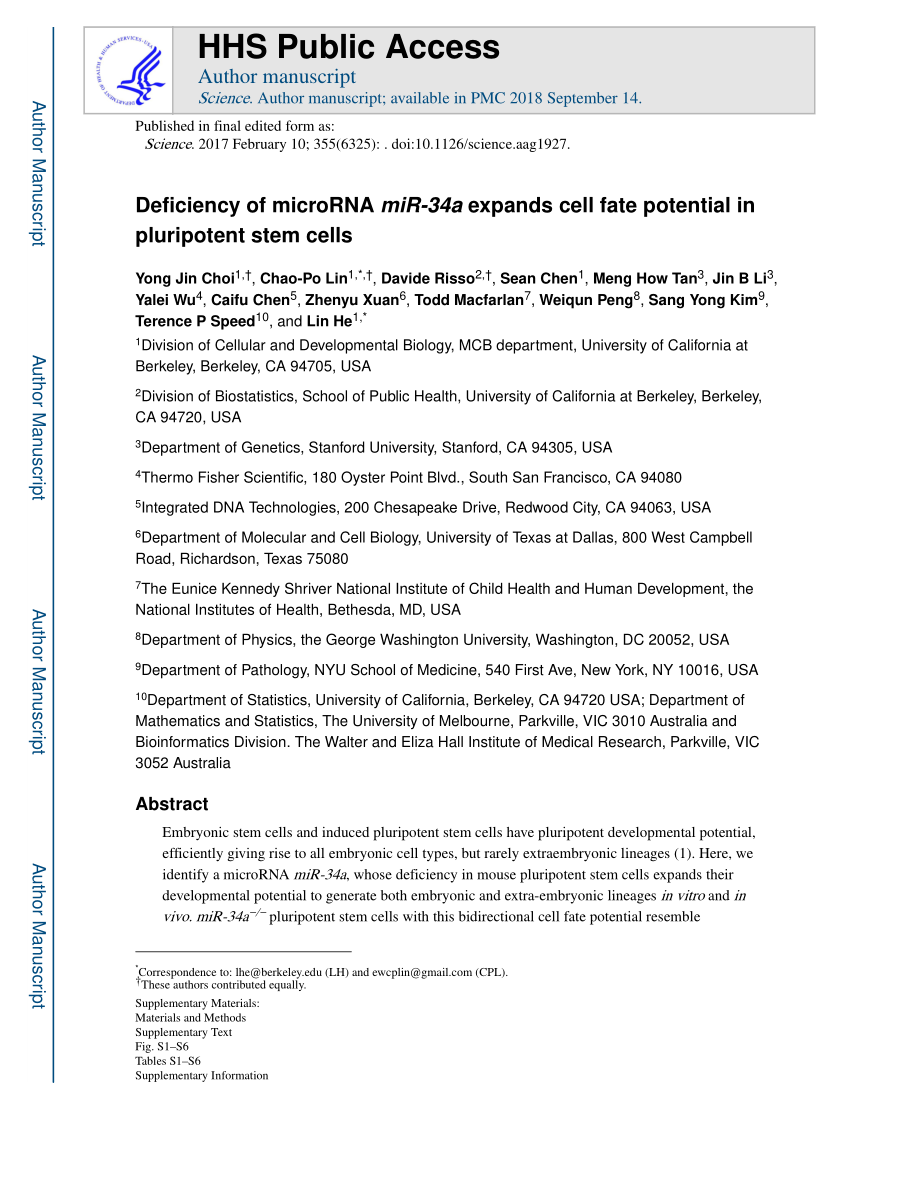 Science. 2017 缺失miR-34a可增加多能干细胞的细胞命运潜能.pdf_第1页