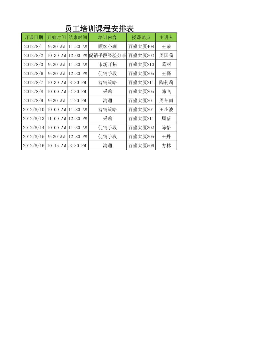 员工培训课程安排表.xlsx_第1页