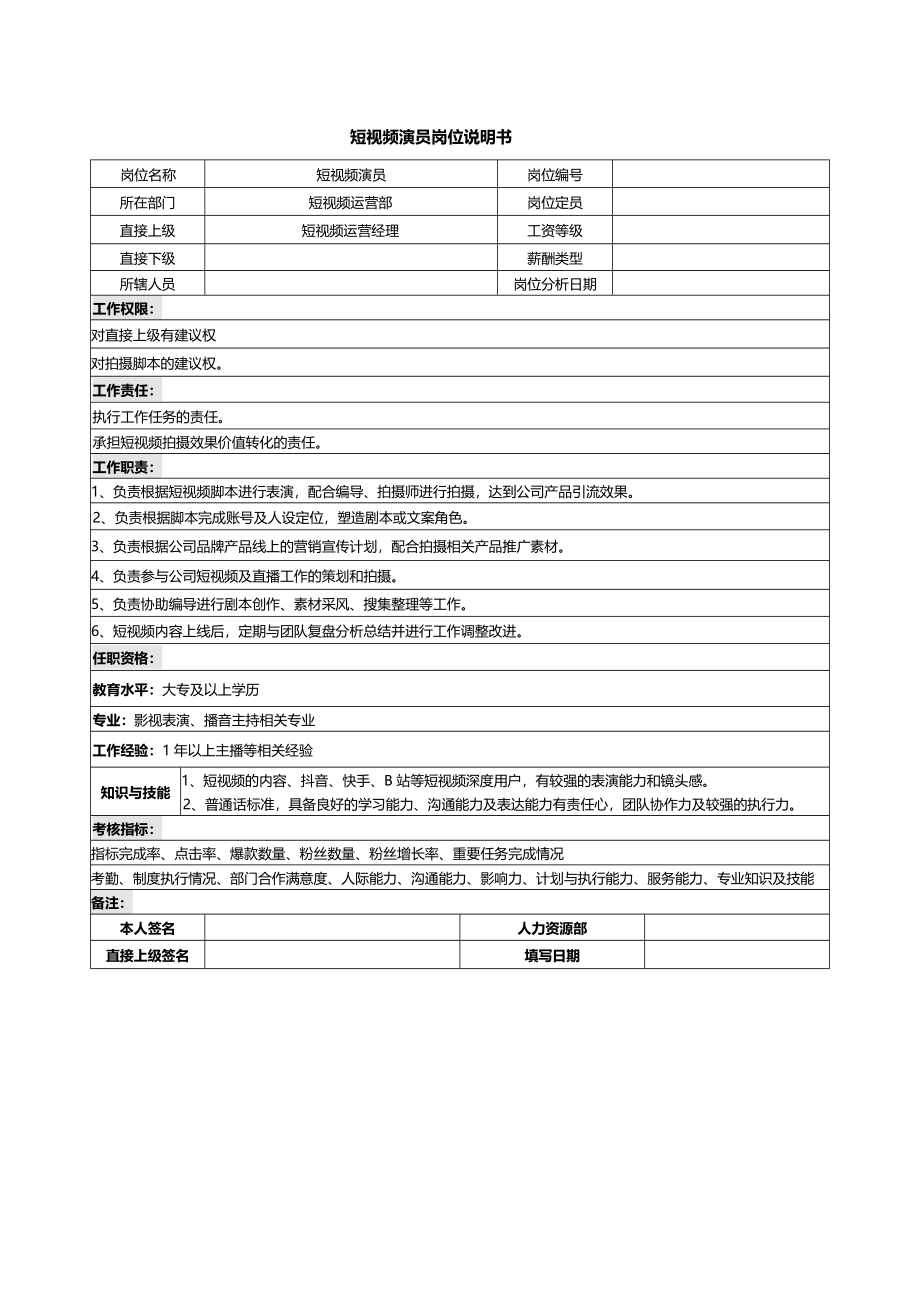 04-01短视频演员岗位说明书.docx_第1页