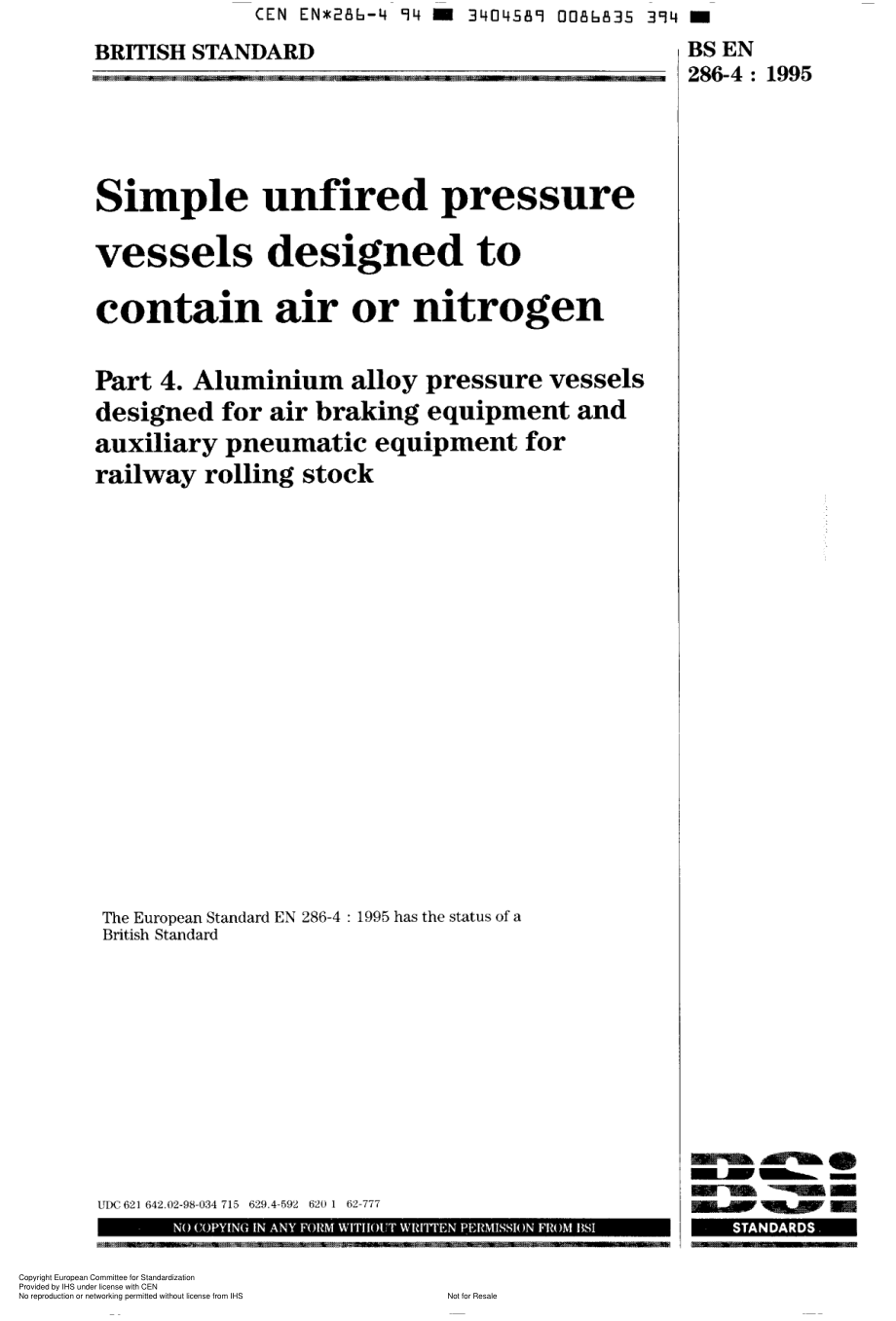 [www.staffempire.com]-BS EN 286-4-1995 Simple unfired pressure vessels designed to contain air or nitrogen Part 4. Aluminium alloy pressure vessels.pdf_第1页