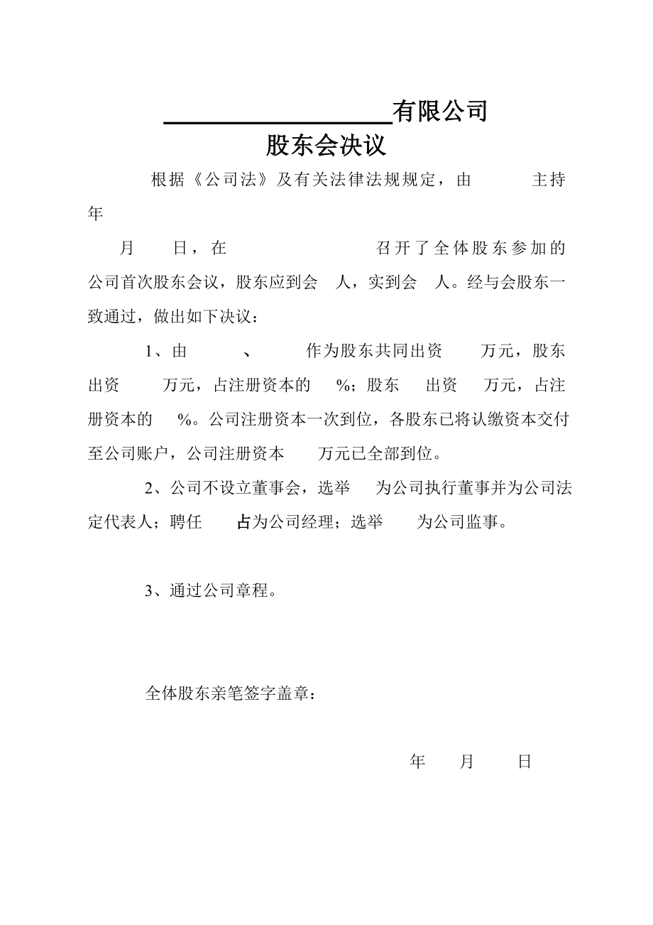 公司设立首次股东会决议 (2).doc_第1页