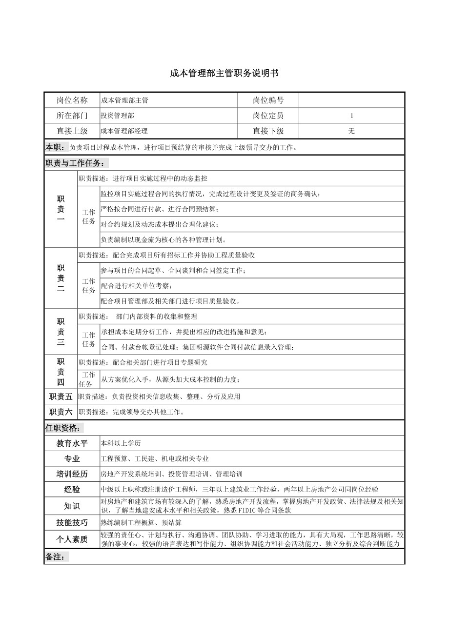 06-06-成本管理部主管职务说明书.docx_第1页