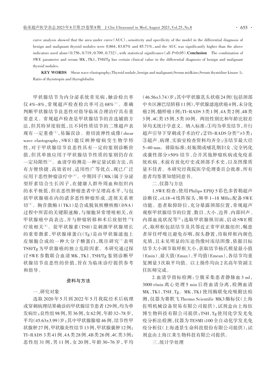 剪切波弹性成像参数联合血清中期因子、胸苷激酶1、促甲状腺素与甲状腺球蛋白比值鉴别诊断甲状腺结节的临床价值.pdf_第2页