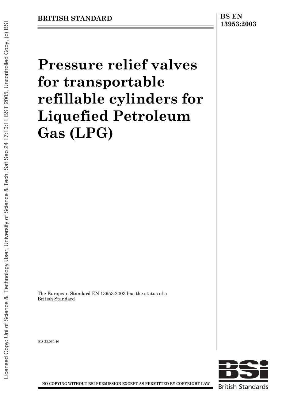 [www.staffempire.com]-BS EN 13953-2003 Pressure relief valves for transportable refillable cylinders for Liquefied Petroleum Gas (LPG).pdf_第1页