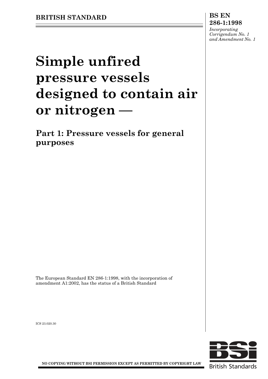 [www.staffempire.com]-BS EN 286-1-1998 Simple unfired pressure vessels designed to contain air or nitrogen — Part 1 Pressure vessels for general purposes.pdf_第1页